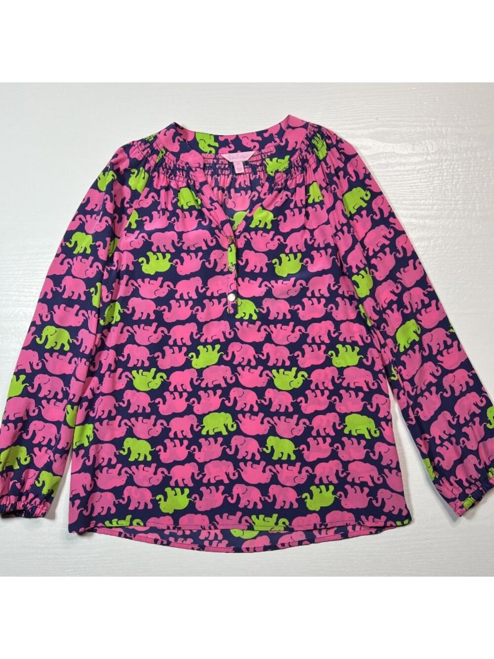 Lilly Pulitzer Silk Elsa Blouse Womens XS Tusk In Sun Elephant Long Sleeve
